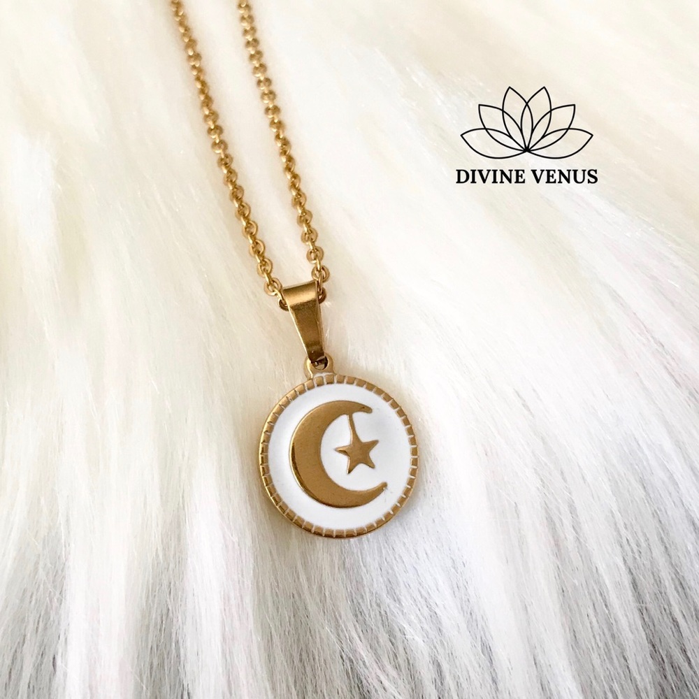 Moon Star Round Pendant Stainless Steel Necklace